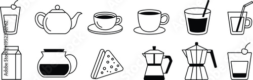 Beverage Assortment: A diverse collection of drink and food icons, including coffee cup, tea cup, teapot, milk jug, and cocktail, offering a visual representation of choice and refreshment.