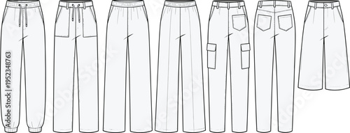 Set of different pants styles technical sketches, joggers cargo trousers wide leg fashion design vector clothing blueprint collection illustration template
