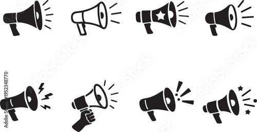 speaker megaphone sound icon set audio symbols pack, loudspeaker icons minimal communication design set, announcement speaker icons sound symbol set