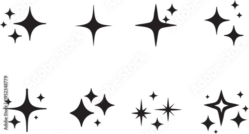 sparkle star shine icon set glowing symbol pack, light sparkle shapes minimal design collection set, shining star icons sparkle effect symbol set