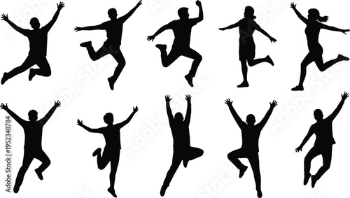 Set of energetic jumping people silhouettes isolated on white background expressing freedom happiness motion dance celebration active lifestyle concept energy