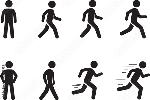 walking people stick figure icon set motion symbols, human walking icons minimal design collection set, pedestrian movement icons walking symbol set pack