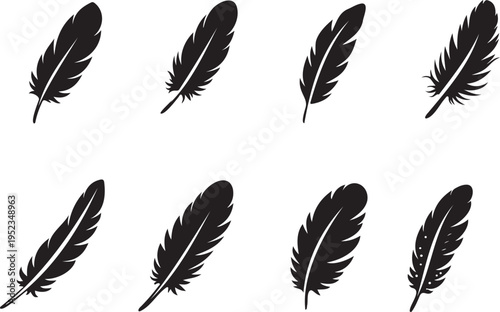 feather quill writing icon set vintage symbol pack, ink feather pen shapes minimal design set, vintage quill feather icons writing symbol set