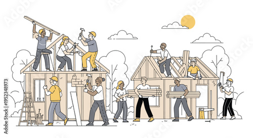 Construction workers building houses together on a sunny day.
