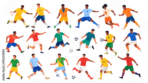 Vector illustration of soccer players in colorful uniforms performing dynamic action poses with balls, teamwork, energy, and sports concept