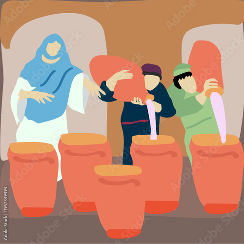 Jesus turns water into wine miracle in the Holy Bible Holy Week