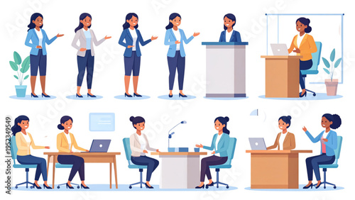 Vector illustration of professional office communication with business people presenting, discussing, interviewing, teamwork, laptops, podium, and workplace furniture