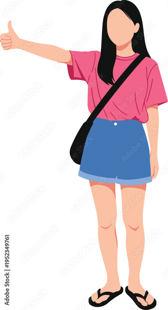 Fototapeta premium Full body vector illustration of a young woman with long black hair wearing a pink t-shirt and blue shorts showing a thumbs up sign on white background.