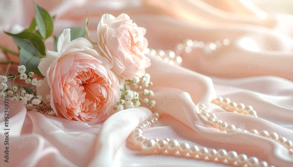 Fototapeta premium Two delicate pink roses and a string of elegant pearls resting on soft, shimmering satin fabric, creating a romantic and luxurious scene.