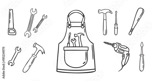 Set of construction tools drill hammer wrench screwdriver saw and apron, hand drawn doodle line art monochrome hand drawn