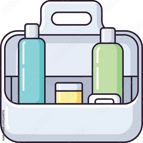 Cute flat household vector featuring a bathroom caddy with simple bottles in a clean pastel cartoon style built as an isolated organizer icon