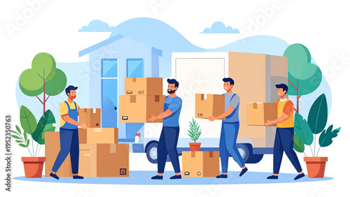 Illustration of people moving house with cardboard boxes, relocation truck, modern home exterior, and potted plant scene