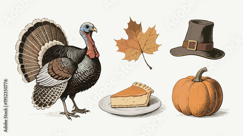 Hand-drawn turkey, pumpkin pie, autumn leaf, pilgrim hat, and pumpkin on white background. Concept of Thanksgiving and fall celebration