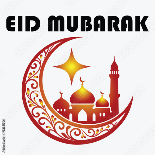 Elegant Eid Mubarak Crescent Moon Mosque Illustration