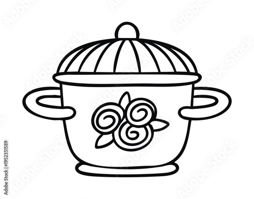 Vintage cooking pot line art outline, monochrome hand drawn.