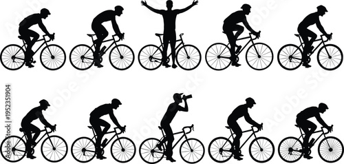 Silhouette cyclists collection, road biking athletes, cycling race poses, sports activity icons, isolated black riders, bicycle motion set, dynamic vector