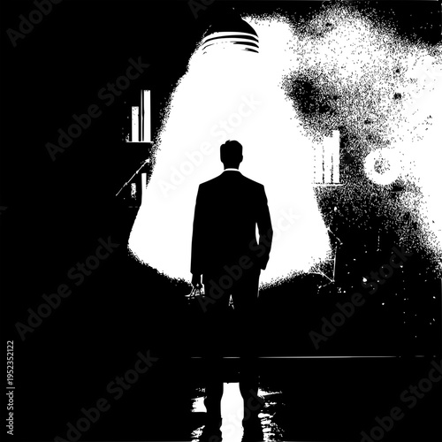 Visionary Silhouette: A businessperson stands in the illuminating glow of an oversized lightbulb, embodying innovation, potential, and forward-thinking in a dynamic business context.