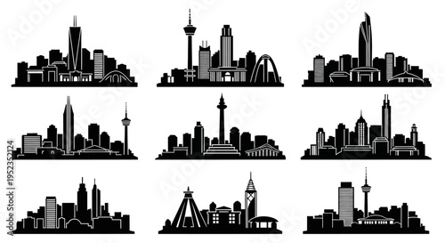 City Skylines Silhouettes: Collection of Diverse Urban Landscapes