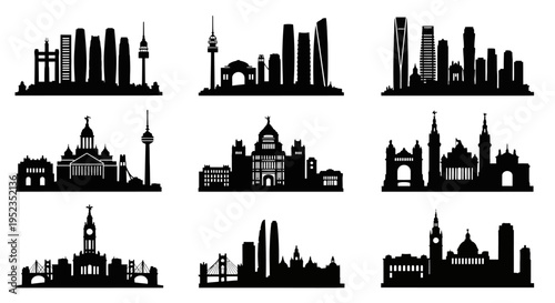 City Skylines Silhouettes: Collection of Famous Landmarks and Urban Landscapes