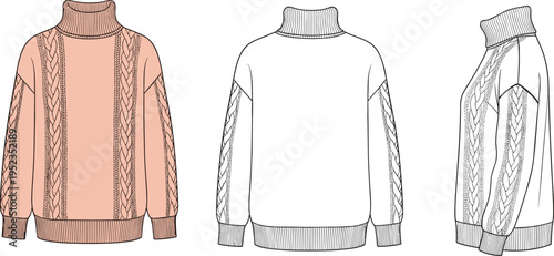 Technical fashion illustration of women’s turtleneck sweater design with cable knit sleeves, ribbed cuffs, hem, collar, front, back, and side garment construction views.