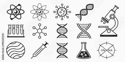 Collection of science and medical related icons including DNA strands, microscopes, atoms, and test tubes for research and development concepts