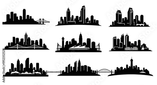 Cityscape Silhouettes Collection: Diverse Skylines with Bridges and Landmarks