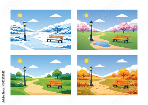 Park landscape showing four seasons: winter, spring, summer and autumn with bench and trees.