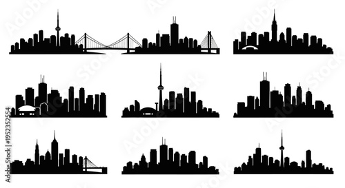 Cityscape Silhouettes Collection: Diverse Skylines with Bridges and Towers