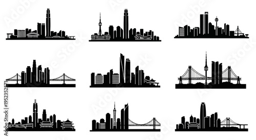 Cityscape Silhouettes Collection: Diverse Skylines with Buildings and Bridges