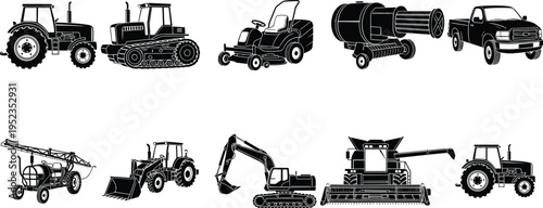 Agricultural and construction machinery set with tractors, combine harvester, excavator, loader and pickup truck, heavy equipment collection isolated 