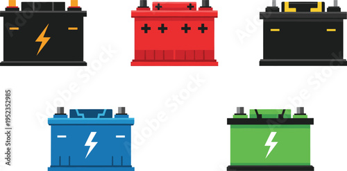 Car battery collection with automotive power units, rechargeable energy storage devices set, vehicle batteries isolated vector illustration for transport 