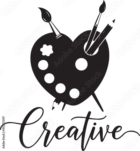 Creative logo featuring a heart-shaped palette with brushes and artistic flair isolated on white background, Vector