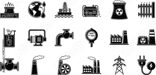 Energy industry icons set with power plants, oil rigs, nuclear stations and electricity infrastructure symbols, industrial energy production collection isolated vector 