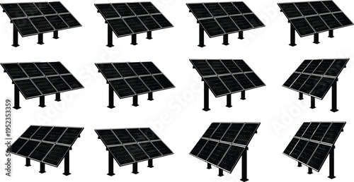 Solar panel arrays with photovoltaic modules, renewable energy system set, clean electricity generation equipment isolated vector illustration for 