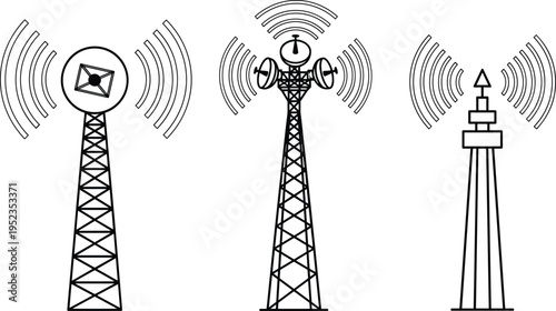 Telecommunication towers with signal waves, wireless network antenna set, radio communication masts collection, modern telecom infrastructure icons 