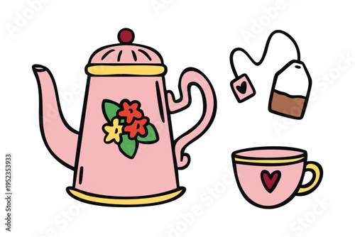 Teapot cup and teabag with heart, cozy hand drawn doodle style.
