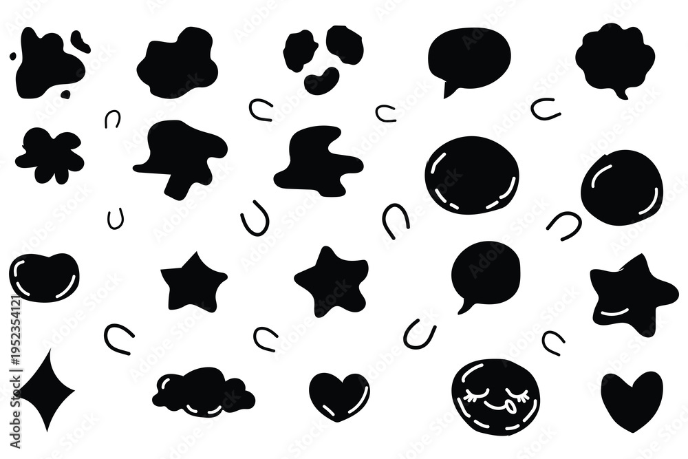 Fototapeta premium Collection of black cartoon icons and symbols on white background
