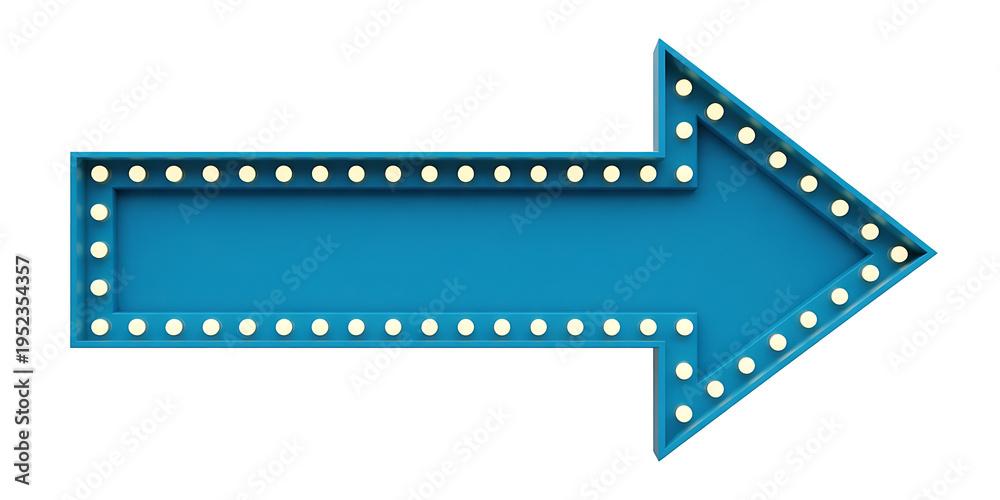 Obraz premium Decorative Blue Marquee Arrow with Luminous Light Bulbs, Evoking a Classic Theater or Carnival Atmosphere, Isolated on White