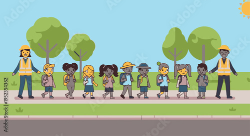 Diverse group of children with adult supervisors walking together.