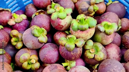 A close-up shot of a basket filled with fresh, vibrant mangosteen fruits. The fruits are purple and the basket is blue. 