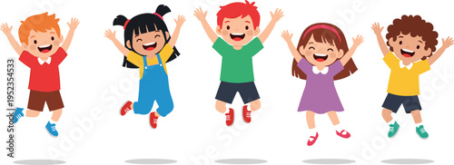 Cartoon illustration of diverse happy children jumping with joy, showcasing playful energy, childhood fun, friendship, and creative design for educational or recreational concepts
