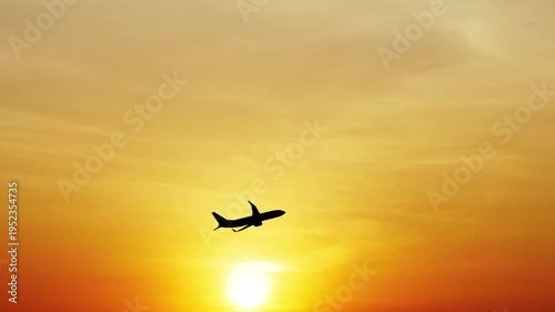 An airplane taking off into a warm and vibrant sunset, silhouetted against the bright sky. The plane is soaring gracefully, symbolizing travel and adventure