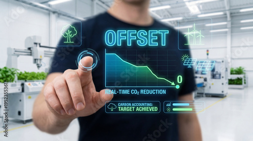 Carbon reduction achievements in smart industry modern manufacturing facility digital data visualization high-tech environment close-up view sustainability concept