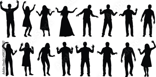 Silhouettes of expressive human figures in various animated poses, male and female forms, creative design perfect for body language studies, animation, and graphic illustration projects.