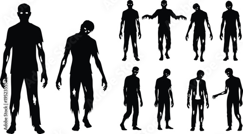 Silhouettes of multiple eerie zombies with glowing eyes, tattered clothing, creepy poses, horror theme, spooky design perfect for Halloween artwork, storytelling, and graphic illustration projects.