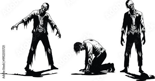Three eerie zombie silhouettes in creepy poses with tattered clothing, hollow eyes, and dramatic shadows, perfect for horror artwork, Halloween design, and spooky illustration projects.