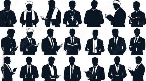 Religious leaders silhouettes collection featuring priests, imams, and clergy reading sacred texts, representing spirituality, faith, worship practices, and diverse religious traditions in formal 