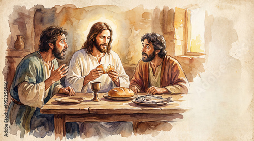 Biblical gathering jesus shares bread and fish with disciples ancient jerusalem religious artwork intimate setting spiritual reflection