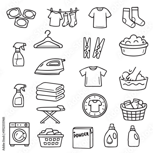 Hand-drawn sketch of laundry room essentials including a washing machine, detergent, socks on a line, ironing board, laundry basket, and ironing board with iron.