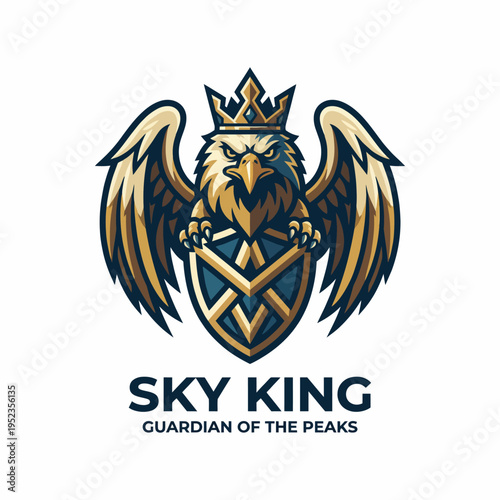 This striking logo showcases an eagle adorned with a crown, embodying strength, majesty, and protection over the peaks and wilderness it represents in design.